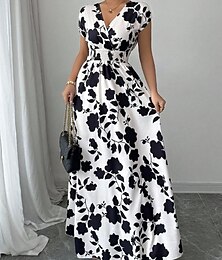 abordables -Femmes Robe maxi Robe trapèze Vacances Occasionnel Boho Extérieur Sortir Coupe Standard Fleuri Manche Courte Col en V Noir Rouge Bleu Orange Été