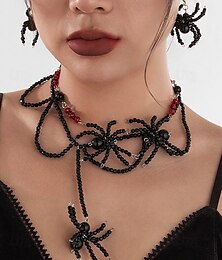 preiswerte -Halloween-Set aus Halskette und Ohrringen mit Spinnenperlen für Damen – Gothic-Schmuck aus schwarz-roter Acryllegierung, gruseliges, süßes Kostümzubehör für Partys und Cosplay