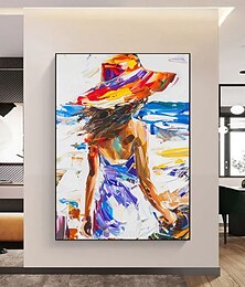 お買い得  -手作りの質感のある肖像油絵 - 大胆な厚塗りの青いドレスを着た女性、花柄の帽子をかぶった女の子の絵、額装された海岸沿いの壁アート、ビーチハウスやギャラリーの壁ディスプレイ用の女の子の絵