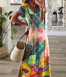 abordables -Femmes Robe maxi Robe trapèze Robe d'été Occasionnel Quotidien Coupe régulière Fleuri Graphique Manche Courte Col en V bleu marine Orange Vert Été