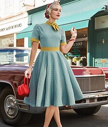 olcso -Retró 1950-es Rockabilly Déli Ruhák Swing ruha Flare ruha Csokor Pléd / takaró Kockás Tarkán szőtt pamutszövet Jelmez Női Farsang Valentin nap Hétköznapi viselet Zsúr Retro témájú buli Felnőttek Ruha