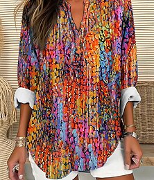 baratos -Mulheres Camisa Social Âmbar Gráfico Vintage Tropical Havaiana Manga Longa Decote V Tops regulares Diário Feriado Roupa de Praia Imprimir Azul Roxo Laranja Verde Verão Primavera