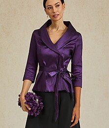 abordables -Mujer Blusa Tops de noche Color sólido Plano Elegante Metálico Moderno Manga 3/4 Escote en Pico Tops regulares Invitado a la boda Fiesta de Noche Semi-formal corbata frontal Color Berenjena