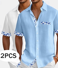 olcso -Férfi Ing Vászon ing Nyári póló Stranding Gombos póló Virágok Vakáció Szabadság Fehér+Rózsaszín Fehér + sötétkék Pink+Navy Blue Kék+Sötétkék Rövid ujjú Gallér Nyár Ruházat Kollázs