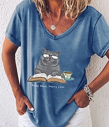 economico -Per donna Maglietta Grafico Animale Lettera Vintage Elegante Classico Manica Corta Scollo a V Top Regolari Quotidiano Stampato Nero Bianco Rosa Blu Verde Estate Primavera Read More Worry Less Cute Cat