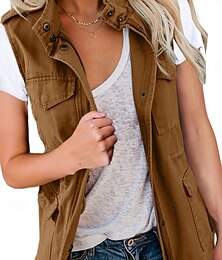 abordables -Mujer Chaleco Cómodo Transpirable Cremallera Bolsillo Casual Plano Vacaciones Calle Casual Ropa Cotidiana Cremallera Regular Cuello Vuelto Ajuste regular Sin Mangas Ropa de calle Negro Marrón Beige