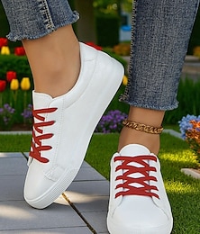 preiswerte -Weiße Low-Top-Sneaker für Damen mit roten Schnürsenkeln – leichte, lässige Tennisschuhe zum Spazierengehen, für Sommerausflüge und Gartenspaziergänge
