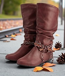 abordables -Botas de media caña de piel sintética color burdeos para mujer: botas de montar planas y holgadas con tiras trenzadas para salidas de otoño, viajes y festivales al aire libre.