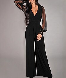 abordables -Mujer Mono Elegante Color sólido Manga Larga Manga de la linterna Perneras anchas Escote en Pico Remache Retazos Escuela Vacaciones Ajuste regular Negro Todas las Temporadas