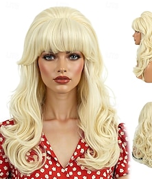 economico -parrucca vintage a nido d'ape con cotonatura grande - lunghi capelli biondi e ricci per costume di Halloween anni '60 e '70 &festa femminile in cosplay retrò