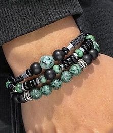 abordables -Conjunto de pulseras de cuentas de piedra verde para hombre: 3 pulseras ajustables de piedra natural y aleación para un estilo bohemio, ideales para uso diario, regalos y festivales.