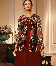 abordables -Mujer chaqueta Transpirable Encaje Bordado Elegante Floral Formal Regular Cuello redondo Holgado Manga Larga Ropa de calle Burdeos Verano Primavera