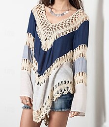 economico -Per donna Camicia Bolero Blocco di colori Quotidiano Elegante Essenziale Manica Lunga Scollo a V Top Regolari Quotidiano Ferie Uscire Traforato Blu Arancione Estate Primavera