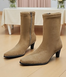 baratos -Botas femininas de camurça bege com salto médio e salto gatinho – botas elegantes de bico fino com elastano e zíper lateral para uso diário e trajes de escritório