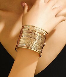abordables -Brazalete de alambre dorado en capas para mujer: brazalete llamativo con incrustaciones de diamantes de imitación para fiestas nocturnas y cócteles.