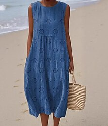 abordables -Femmes Robe Midi Robe Décontractée Robe d'été Mode Moderne Quotidien Plage Week-end Coupe régulière Uni Sans manches Col ras du cou Bleu Été