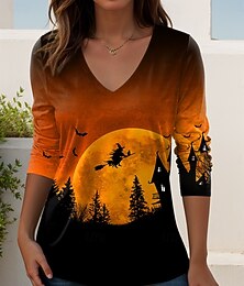 abordables -T-shirt pour femmes Halloween sorcière à manches longues col en V tunique graphique lettre élégante vintage élégante tops réguliers quotidien sorties week-end imprimé jaune vin orange gris printemps