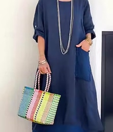 abordables -Femmes Robe Longue Maxi Robe Robe Décontractée Mode Moderne Extérieur Vacances Fête Coupe régulière Uni manche longue Col ras du cou Blanche Jaune Rose Claire bleu marine Automne