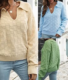 abordables -Femmes Pull Occasionnel Couleur Unie Épais Col en V Tricoté manche longue Hauts Réguliers Tricoter Quotidien Fête Sortir Bleu Vert Automne Hiver