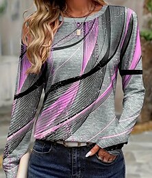 economico -Per donna Maglietta Grafico Geometrico Vintage Elegante Classico Manica Lunga Girocollo Top Regolari Quotidiano Stampato Bianco Rosa Verde Cachi Grigio chiaro Estate Primavera Autunno