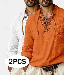 voordelige -Voor heren Overhemd Linnen overhemd Viking-stijl Popover-shirt Zomer overhemd Strand Kleding Effen Kleur Vakantie Straat White + Oranje Wit+ Groen Groen + oranje White + White Lange mouw Zonder Kraag