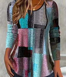 baratos -Páscoa Mulheres Camiseta Gráfico Geométrica Xadrez Vintage à moda Clássico Manga Longa Gola Redonda Decote Redondo Tops regulares Diário Imprimir Rosa empoeirada Azul Verão Primavera Outono