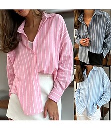 baratos -Mulheres Camisa Social Gráfico Geométrica Listrado Vintage Tropical Diário Manga Longa Colarinho de Camisa Tops regulares Trabalho Diário Feriado Botões Imprimir Rosa Azul Céu Cinzento Verão