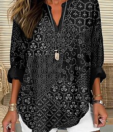 economico -Per donna Camicia Floreale Vintage Quotidiano Casual Manica Lunga Scollo a V Top Regolari Quotidiano Ferie Bottoni Stampato Nero Blu marino Primavera Autunno
