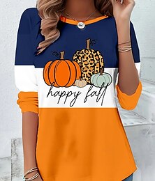 abordables -T-shirt pour femme Halloween citrouille col rond à manches longues tunique graphique décontractée tops réguliers impression quotidienne week-end blanche bleue orange automne