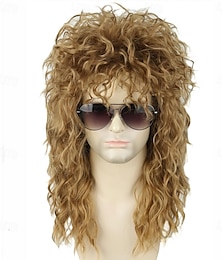 economico -Parrucca mullet anni '70-'80 da uomo o da donna, parrucca rock disco, parrucca lunga riccia castana per costume di Halloween