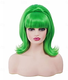 economico -parrucca verde corta e ondulata con frangia, parrucca bouffant a nido d'ape per donna, adatta per costumi anni '80 o feste di Halloween