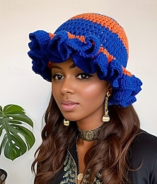 billige -Damehåndlaget fiskerhatt med fargeblokker og rysjer - lett og varm vinterlue, elastisk unisex-design for hverdagsbruk &festlige anledninger, blå &oransje, fiskehatt, sesongmote, leken