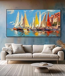 お買い得  -ミントゥラの手作りボート風景油絵キャンバスモダンウォールアート装飾抽象ドック画像ホームデコレーション用ロールドフレームレス未延伸絵画