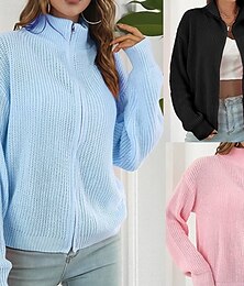 preiswerte -Damen Strickjacke Lässig Einfarbig Grobstrick Rollkragen Reißverschluss Gestrickt Langarm Normale Oberteile Stricken Täglich Ferien Ausgehen Schwarz Rosa Herbst Winter