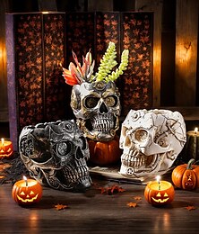 levne -Halloweenská kostlivá pryskyřičná socha v květináči, punkový styl mechanické lebky, květinová váza, bílá vintage pryskyřičná gotická dekorace pro domov, terasu, halloweenskou párty dekoraci