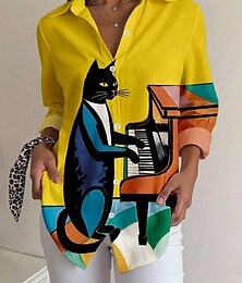 baratos -Camisa Feminina de Manga Longa Blusa Botão Gráfica Animal Abstrato Ativa Vintage Bonita Gola Tops Regulares Trabalho Diário Botões Impressão Amarela Verão Primavera Outono Inverno