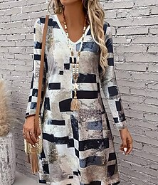 ieftine -Pentru femei Rochie Mini Rochie casual Rochie de Vară Rochie A line Stilat Casual Fit regulat Grafic Geometric Manșon Lung În V Gheață albastră Galben Roșu Vin Albastru Prăfuit Primăvară Toamnă