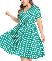 preiswerte -Retro Vintage 1950er Rockabilly Midlänge Wickelkleid Swing-Kleid Ausgestelltes Kleid Übergröße Passform und Flare Tupfen V Ausschnitt Damen Karneval Urlaub Lässig Retro-Mottoparty Erwachsene Kleid