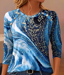 baratos -Mulheres Camiseta Gráfico Geométrica Vintage Casual Manga Longa Gola Redonda Tops regulares Diário Botões Imprimir Verde Sage Azul Roxo Marron Verde Primavera Outono Inverno