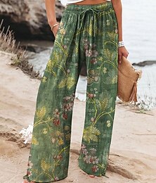 baratos -Mulheres Perna larga Calças Calça Palazzo Moda Boho Comprimento total Cintura Alta Flor Cintura elástica Com Cordão Imprimir Respirabilidade Confortável Rua Roupa Diária Para Noite Verde Primavera