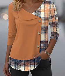 economico -Per donna Maglietta Grafico Geometrico Plaid Vintage Moda Elegante Manica Lunga Girocollo Top Regolari Quotidiano Patchwork Bottoni Stampato Blu Viola Arancione Verde Primavera Autunno Inverno