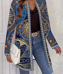 abordables -Mujer Chaqueta casual Ligero Estampado Elegante Activo Vintage Moda Geométrico Exterior Vacaciones Fiesta Trabajo Largo Cuello redondo Ajuste regular Manga Larga Ropa de calle Azul Piscina Primavera