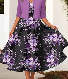 abordables -Femmes Robe Ensemble Robe Midi Vacances Fête Fleuri Imprimé Robe Midi Manche 3/4 Col ras du cou Quotidien Jaune Bleu Violet Printemps Automne Coupe régulière