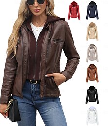 abordables -Mujer Chaqueta de cuero sintético Cómodo Bolsillo Full Zip Moda Estilo callejero Plano Exterior Casual Diario Regular Con Capucha Ajuste regular Manga Larga Ropa de calle Negro Blanco Rojo Primavera