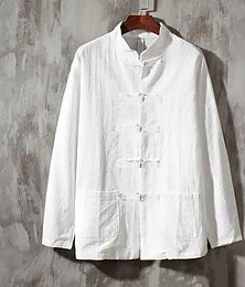 preiswerte -Herren Hemd leinenhemd Hemd mit chinesischem Kragen Hemd mit Stehkragen Freizeithemd Baumwollhemd Einfach Urlaub Hawaiianisch Schwarz Weiß Marineblau Beige Langarm Großvaterkragen Frühling & Herbst