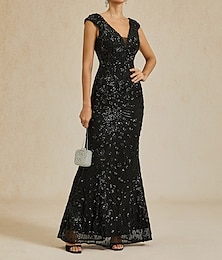 abordables -Mujer Vestido maxi Vestido cola de Sirena Elegante Fiesta Formal Fiesta Fiesta de Noche Ajuste regular Color sólido Sin Mangas Escote en Pico Negro Primavera Otoño Invierno