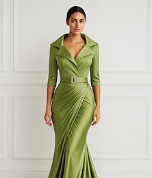 abordables -Corte Trompeta / Sirena Vestidos de noche Elegante Vestido Formal Boda Hasta el Suelo Media Manga Diseño Cinturón / Faja Satén elástico con Plisado 2025