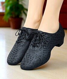 ieftine -Pantofi de dans cu șireturi și model leopard negru pentru femei - pantofi de jazz profesioniști cu toc jos pentru dansatoare și antrenament în studio