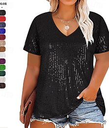 ieftine -Pentru femei Tricou Stralucitor Modă Modern Manșon scurt În V Topuri obișnuite Sfârșit de săptămână Paiete Negru Alb Roșu-aprins Bleumarin Albastru piscină Vară