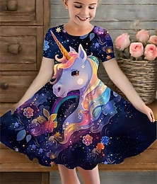 halpa -Tyttöjen 3D Yksisarvinen Mekko Lyhythihainen Kesä Kevät Loma Päivittäin Pyhäpäivä Prinsessa Kaunis Makea Lapset 4-12 vuotta Rento mekko A linjainen mekko Polvipituinen Normaali